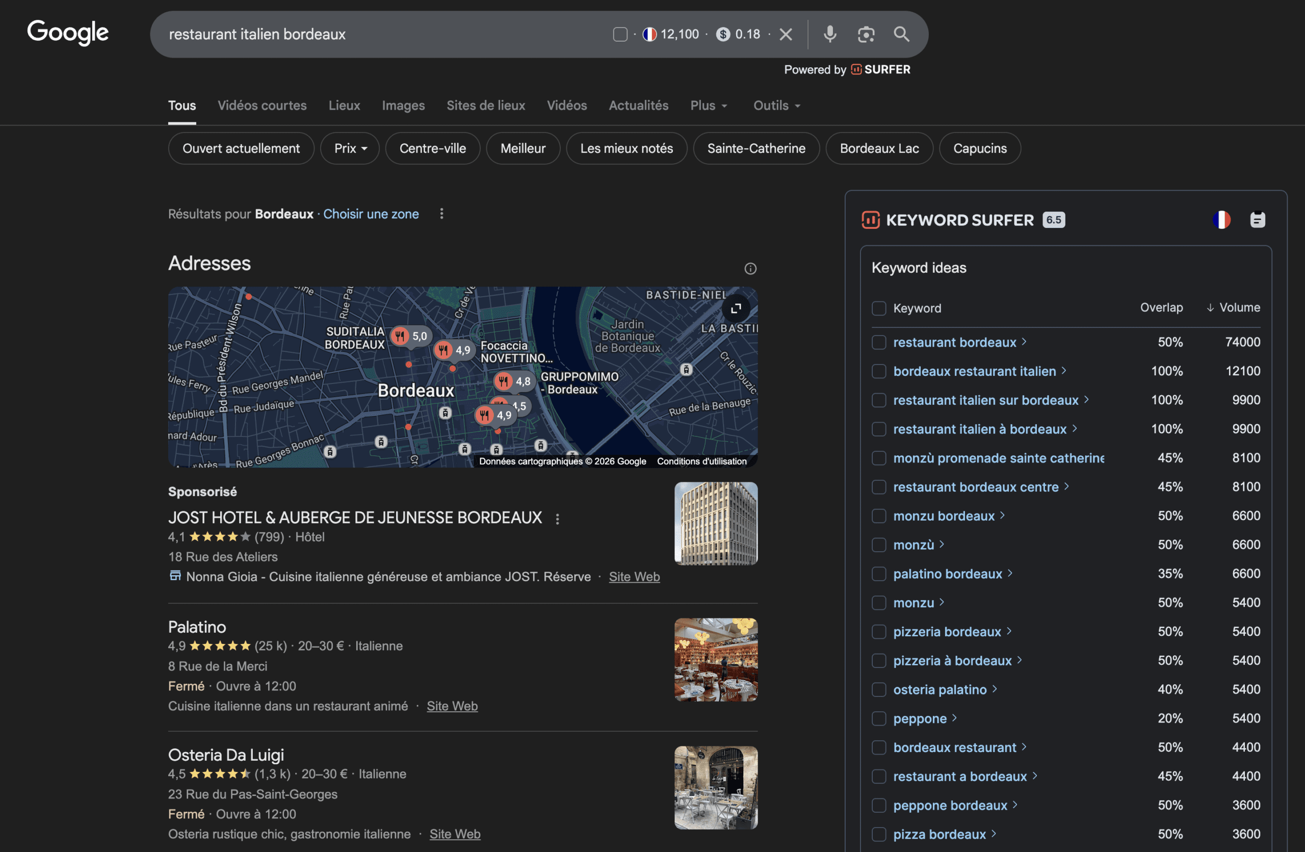 Keyword Surfer : volume de recherche dans la barre Google et termes satellites dans le panneau latéral