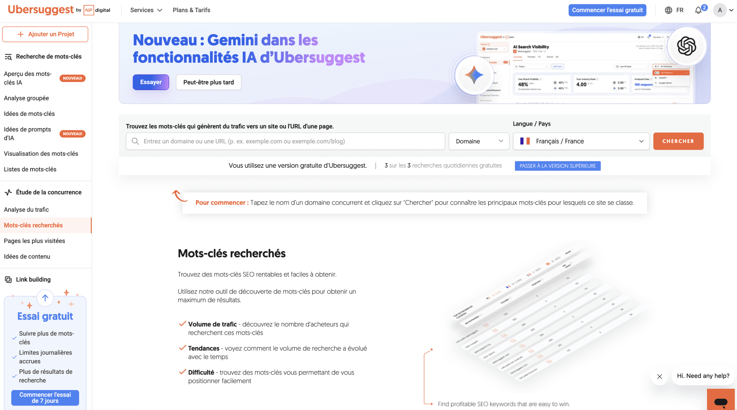 Ubersuggest barre latérale - section Mots-clés recherchés surlignée en orange