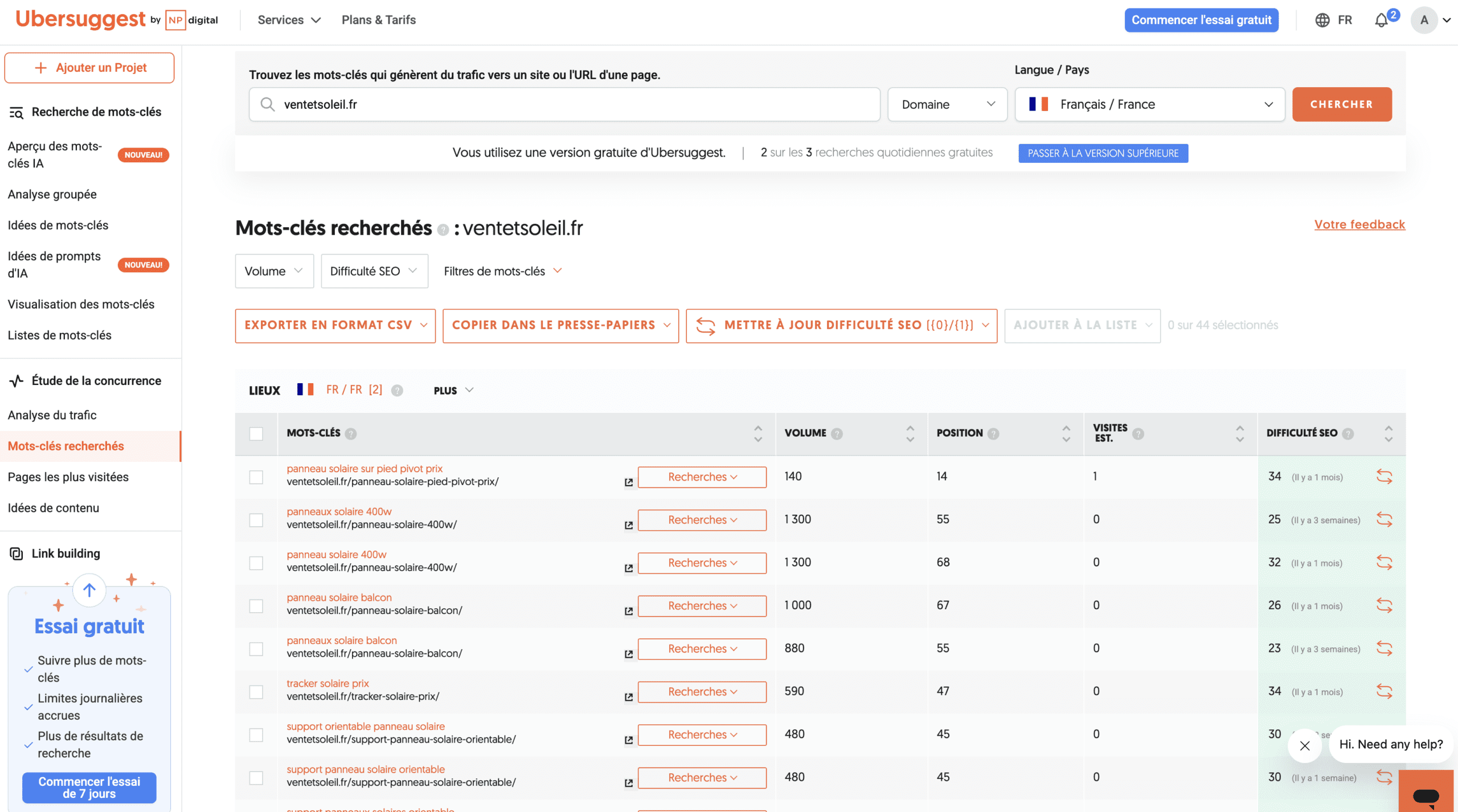 Ubersuggest résultats analyse mots-clés d'un domaine concurrent avec volumes et positions