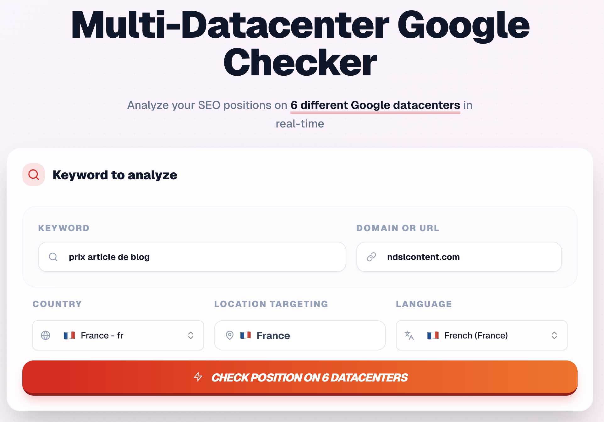 Interface SEO Hero Ninja : saisie du mot-clé, domaine, langue, pays et ville