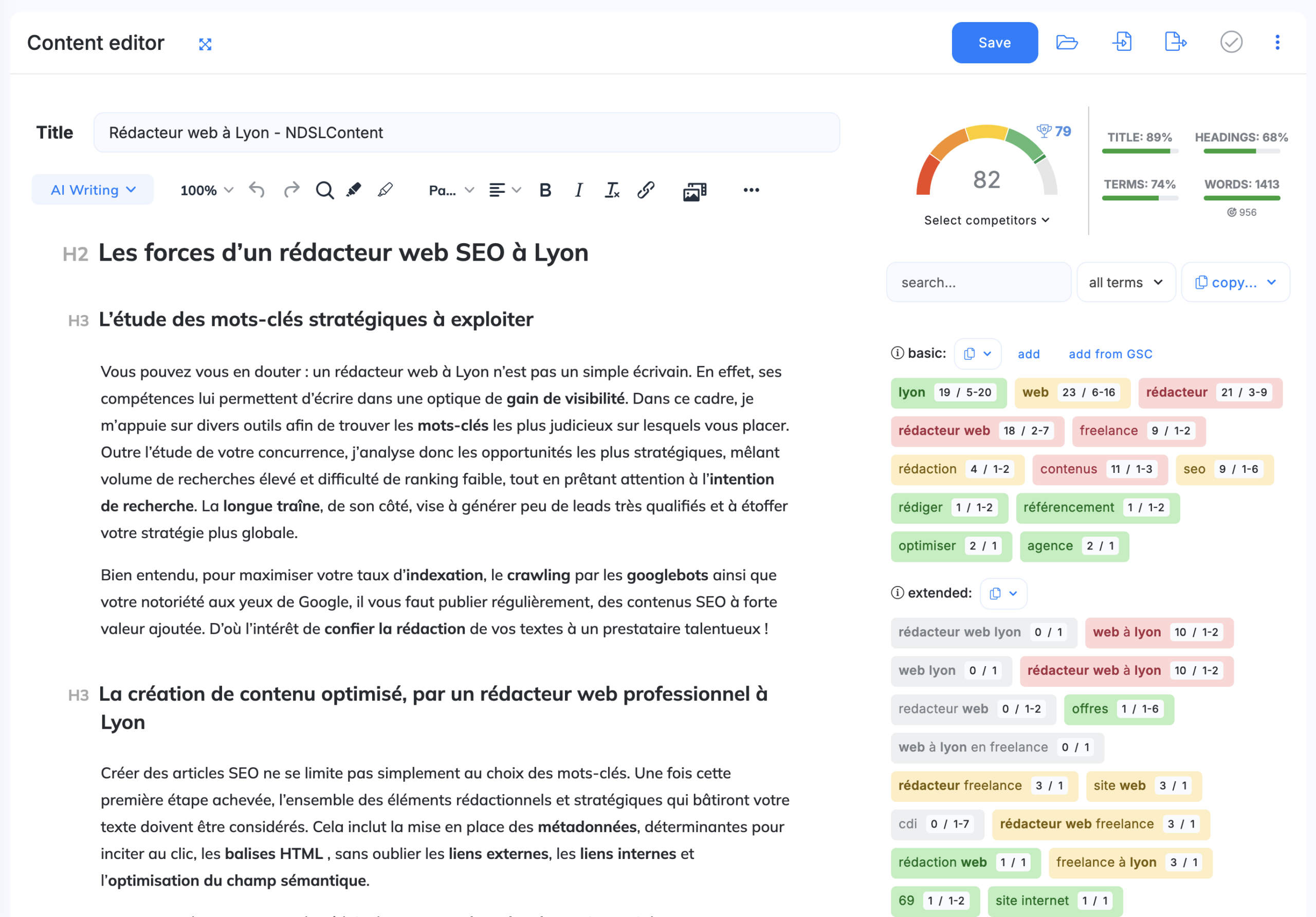 Champ sémantique SEO NeuronWriter avec occurrences recommandées pour chaque terme