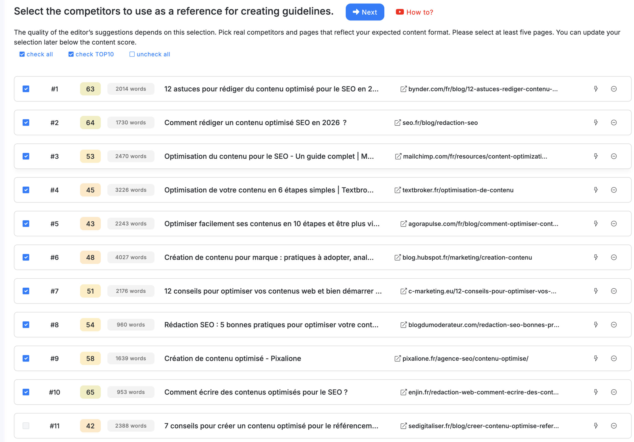 Sélection des concurrents dans NeuronWriter - choix des pages à inclure dans l’analyse