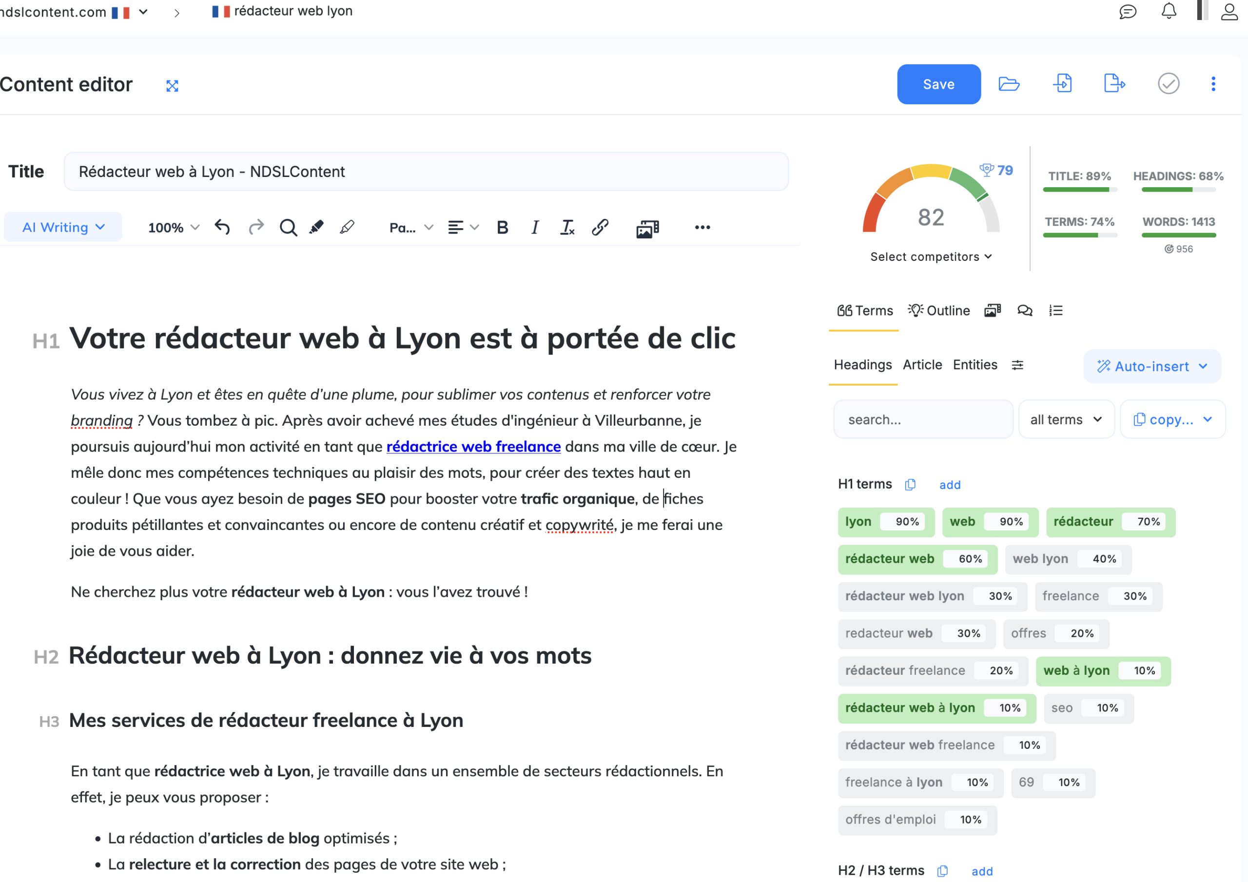 Éditeur de texte NeuronWriter avec suggestions de termes à intégrer dans les Hn