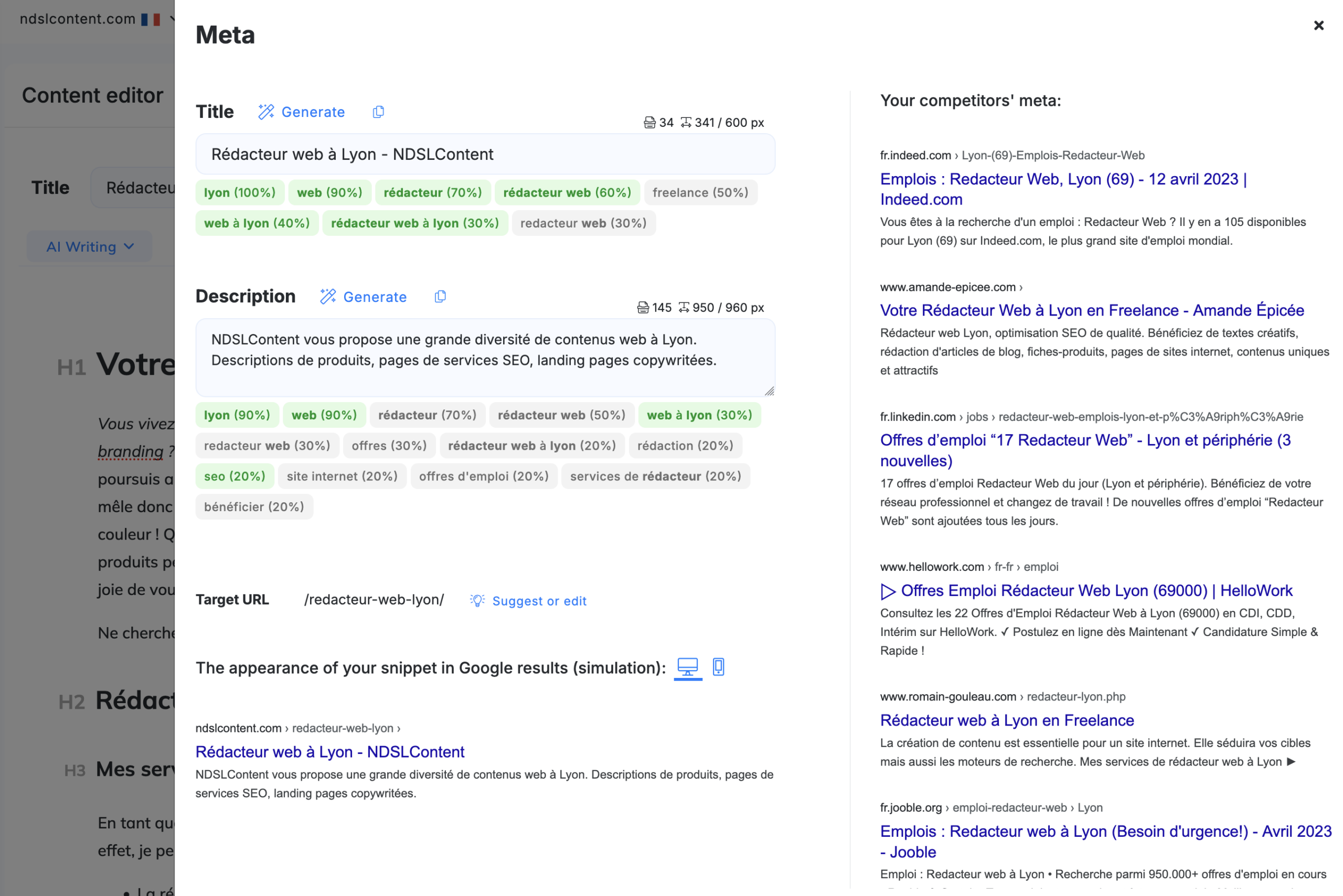 NeuronWriter - visualisation de la méta-description et du title tels qu’ils apparaissent sur Google