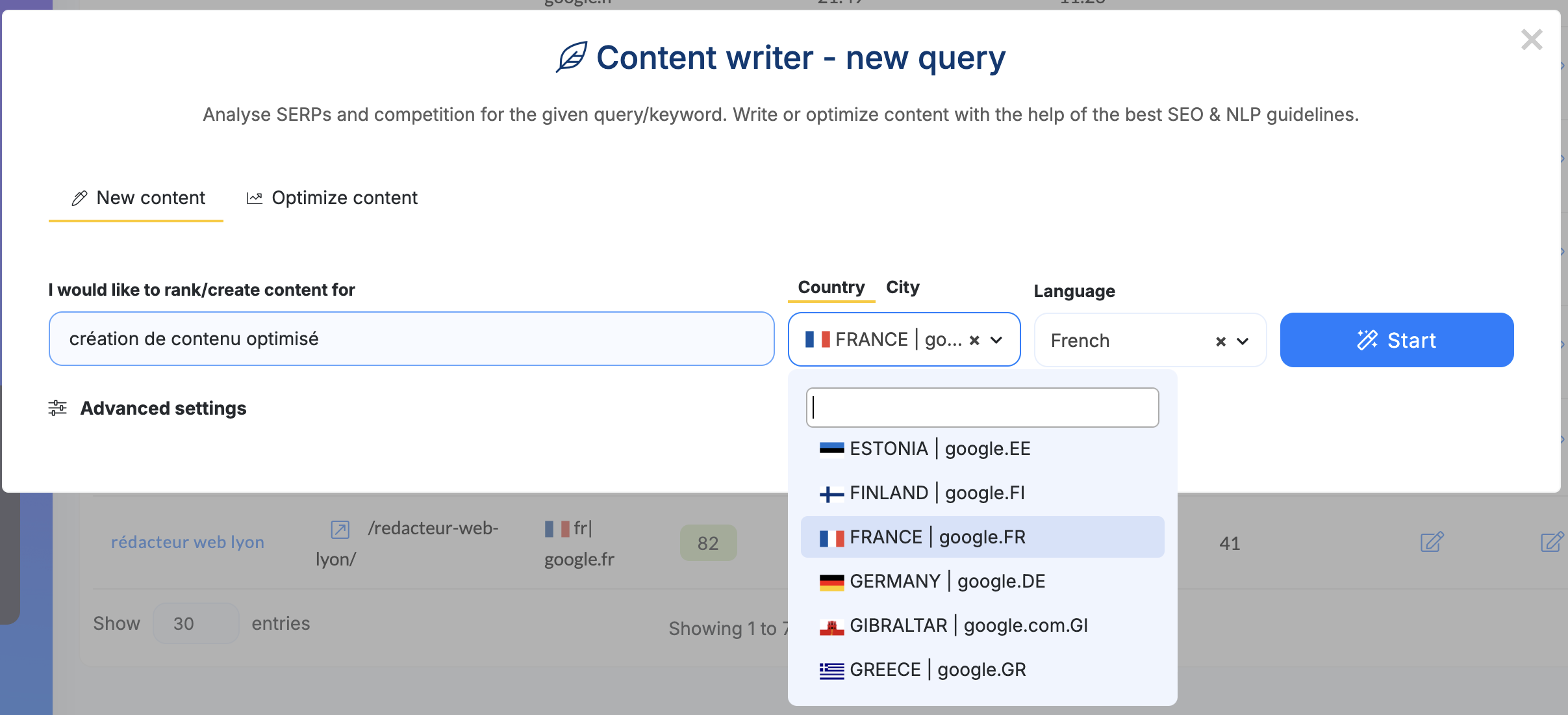 NeuronWriter - spécification du mot-clé, du pays et de la langue pour l’analyse SERP